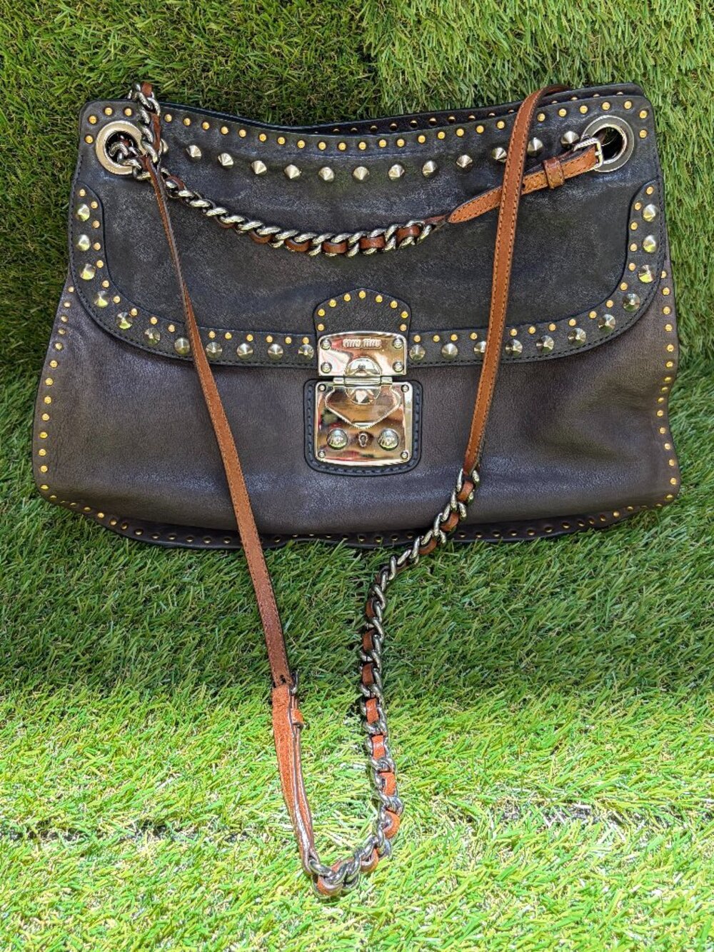 Miu Miu Studded Leather Shoulder Bag - Black - Picture 10 of 14